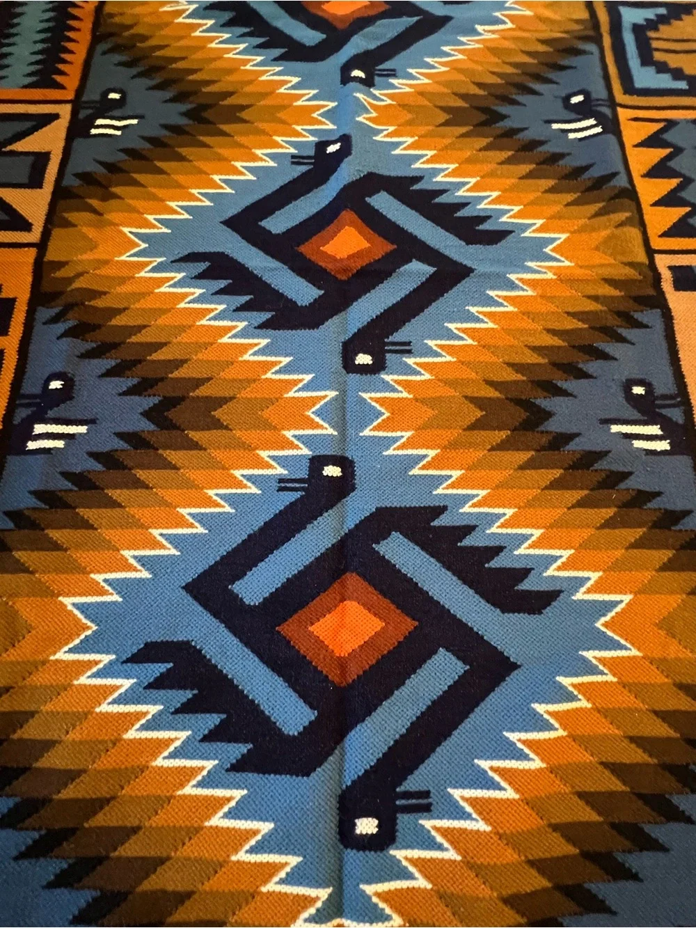 Handwoven Geometric Peruvian Rug in Blue and Brown 60”x44”